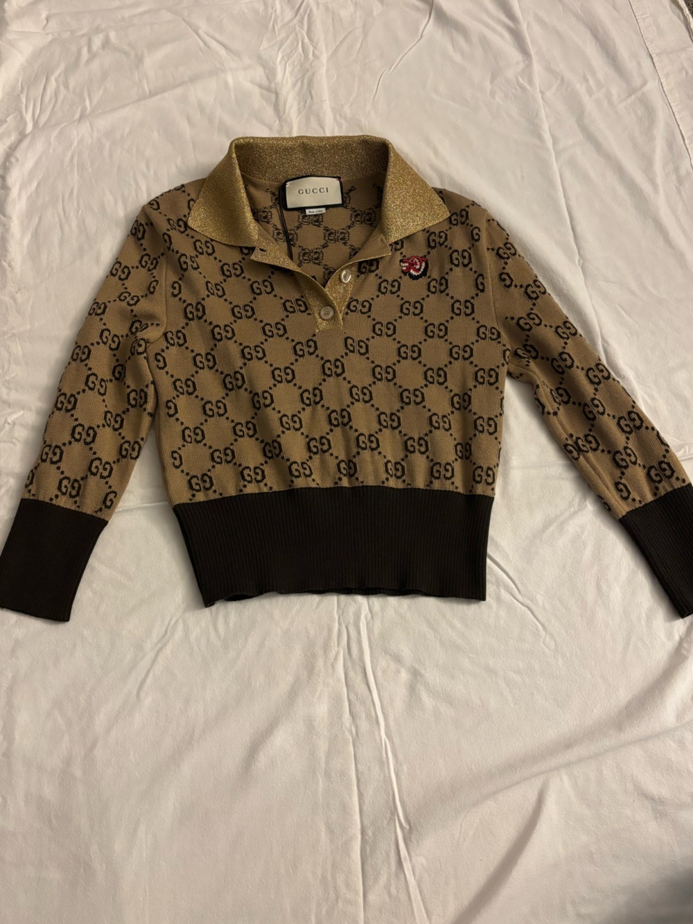 Gucci Beige and Dark Brown GG Logo Polo crop Sweater